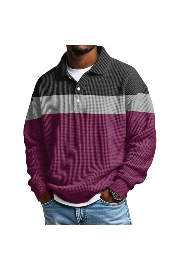 Mens Waffle Polo Shirts 1/4 Button Collared Long Sleeve Shirts Men Big and Tall Color Block Warm Knitted Men's Pullover Sweatshirt
