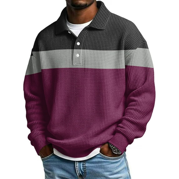 Hearthz Mens Waffle Polo Shirts 1/4 Button Collared Long Sleeve Shirts for Men Big and Tall Color Block Warm Knitted Mens Pullover Sweaters