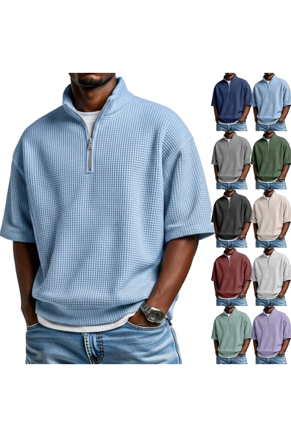 Mens Waffle Polo Shirts 3/4 Zip Pullover Mens Casual Stand Collar Polo Shirt Textured Knit Tops Men's Short Sleeve Shirts