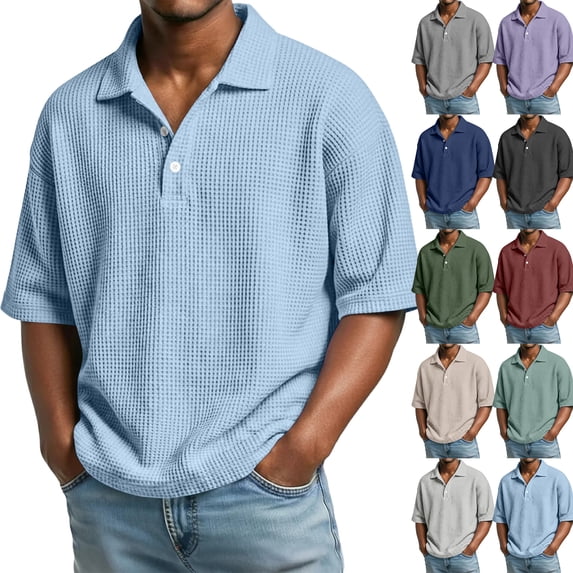 Hearthz Mens Waffle Polo Shirts Button Up Men Shirts Short Sleeve Lapel Collar Textured Golf Shirt Comfort Tops