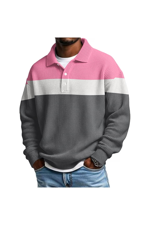Mens Waffle Polo Shirts Quarter Button Collared Shirts for Men Long Sleeve Big and Tall Color Block Warm Knitted Sweaters Pullover
