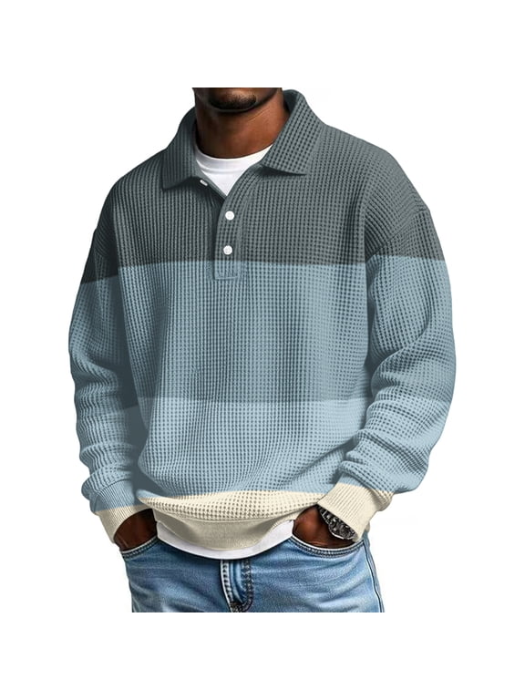 Mens Waffle Polo Shirts Quarter Button Collared Shirts for Men Long Sleeve Big and Tall Striped Warm Knitted Men Pullover Sweater