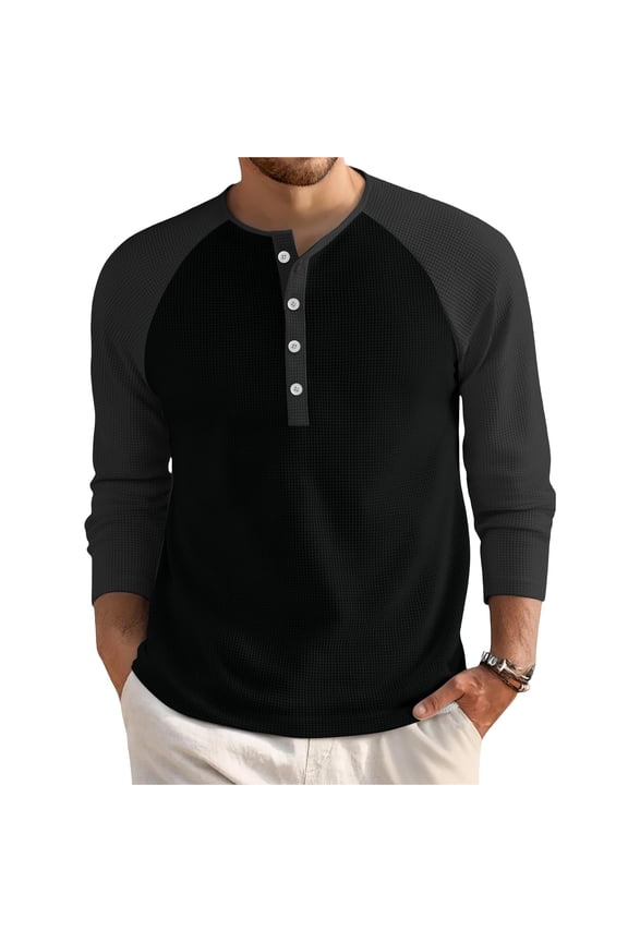Mens' Waffle Shirts Long Sleeve Color Block Crewneck Raglan Sleeve Fall Pullover Mens T-Shirts Henley Button Up Men Sweatshirts