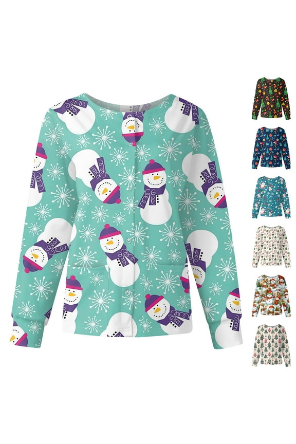Nurse Warm Up Jacket for Women Merry Christmas Warm Up Womens Scrubs Santa Claus Print Long Sleeve Snap Front Nurse Uniforms with Pockets S-5XL