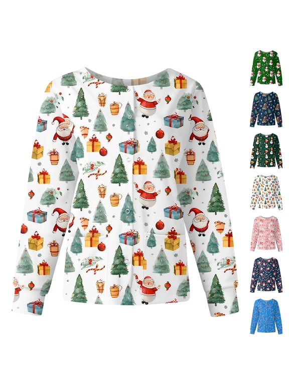 Nursing Jackets for Women Merry Christmas Warm Up Women Scrub Tops Xmas Print Long Sleeve Snap Front Nurse Working Uniforms with Pockets S-5XL