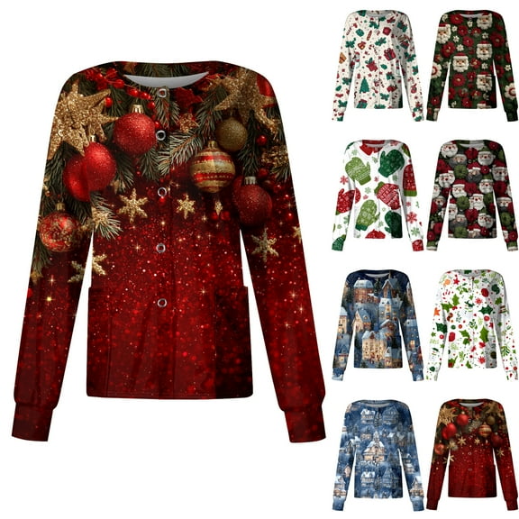 Hearthz Nursing Jackets for Women Christmas Snap Front Nurses Working Uniforms Funny Xmas Warm Up Long Sleeve Scrub Tops Women S-5XL