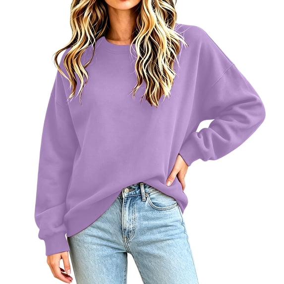 Hearthz Oversize Crewneck Sweatshirt Women Solid Color Drop Shoulder Long Sleeve Pullover Sweaters for Women Fall Winter Athletic Workout Cute Sweatshirts for Women Light Purple XL