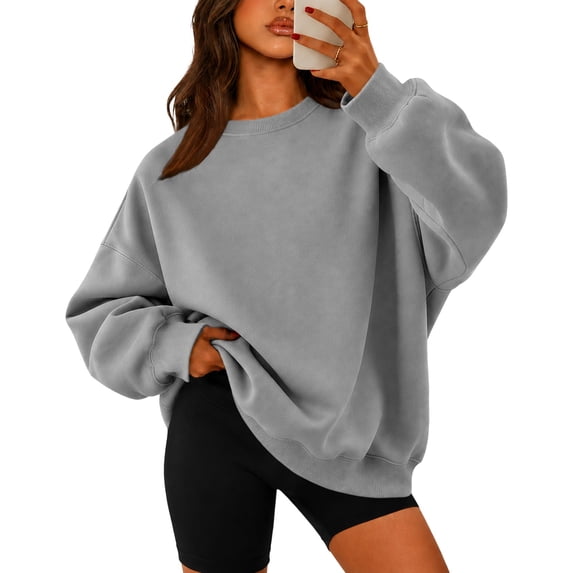Hearthz Oversized Crewneck Sweatshirt Women Solid Color Drop Shoulder Long Sleeve Pullover Top Fall Winter Athletic Workout Cute Sweatshirts for Women Light Gray S