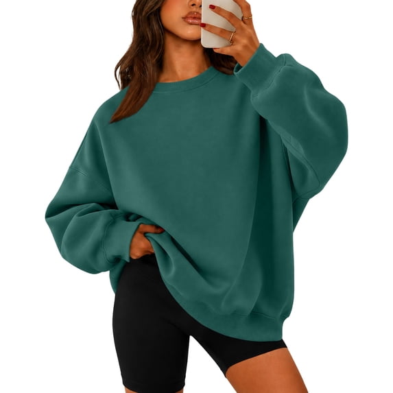Hearthz Oversized Crewneck Sweatshirt for Women Solid Color Drop Shoulder Long Sleeve Womens Pullover Fall Winter Athletic Workout Womens Sweatshirt Dark Green XXL