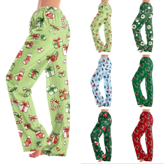 Hearthz Pajama Pants Women Christmas High Waist Wide Leg Pajama Pants Women Elastic Drawstring Lounge Pants for Women Xmas Sleeping Pants Women