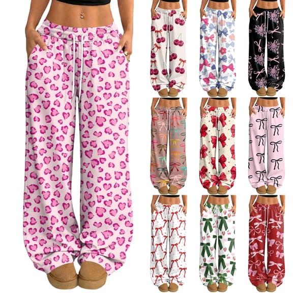 Hearthz Pajama Pants Women Drawstring Wide Leg Valentine's Day Bowknot Comfy Lounge Pants Women Baggy Soft Comfy Lightweight Womens Sleep Pants