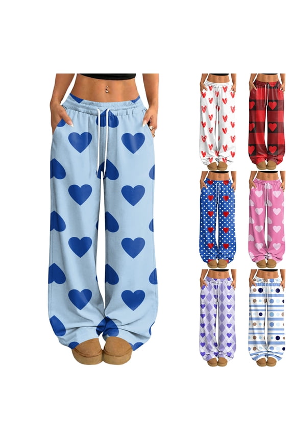 Pajama Pants Womens Drawstring Wide Leg Valentine's Day Heart Print Womens Lounge Pant Baggy Soft Comfy Lightweight Womens Sleep Pants