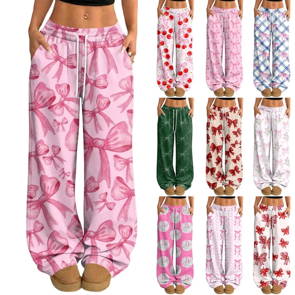 Hearthz Pj Bottoms Pants Drawstring Wide Leg Valentine's Day Bowknot Womans Lounge Pants Baggy Soft Comfy Lightweight Womens Sleep Pants