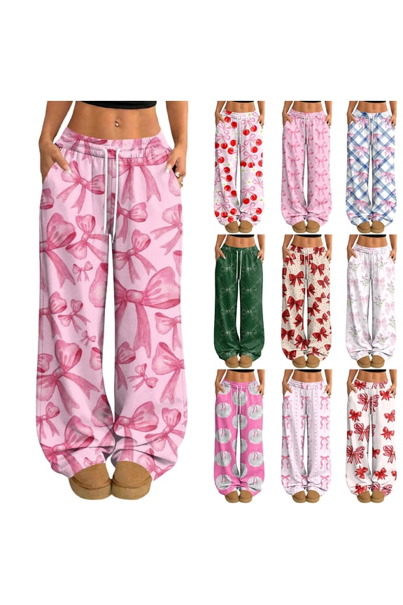 Pj Bottoms Pants Drawstring Wide Leg Valentine's Day Bowknot Womans Lounge Pants Baggy Soft Comfy Lightweight Womens Sleep Pants