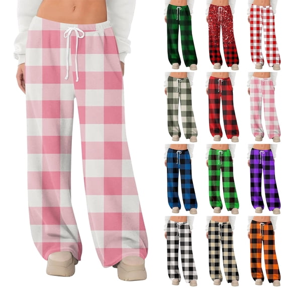 Hearthz Plaid Flannel Pajama Pants for Women Fuzzy Winter Warm Thermal Pajama Bottoms Women Wide Leg Drawstring Women Sleep Pants