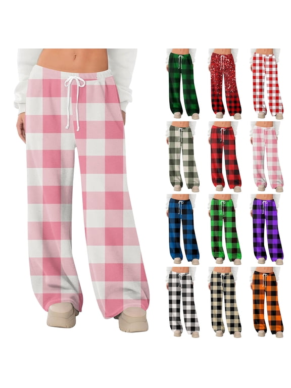 Plaid Flannel Pj Pants Women Fuzzy Winter Warm Thermal Pj Bottoms Women Wide Leg Drawstring Sleep Pants for Women Soft