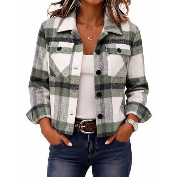 Hearthz Plaid Shacket Jacket Women Button Down Cropped Womens Coats and Jackets Long Sleeve Collared Soft Warm Outerwear Fall Winter Fleece Coats for Women