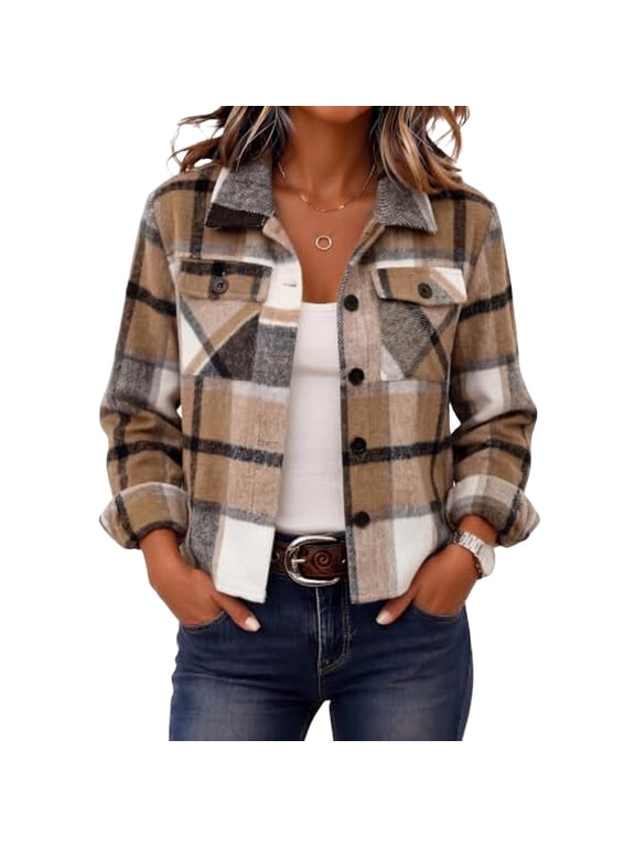 Plaid Shacket Jacket Women Button Down Cropped Womens Jackets Lightweight Long Sleeve Collared Casual Outerwear Fall Winter Fleece Coats for Women