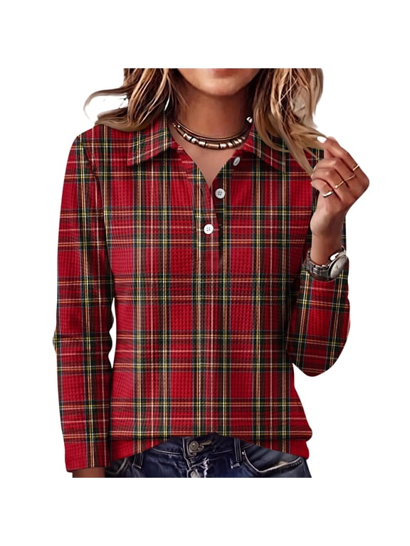 Plaid Waffle Knit Polo Shirt for Women Gingham Print Henley Shirts Women Button V‑neck Long Sleeve Shirts Women Relaxed Fit Office Daily Womens Shirts
