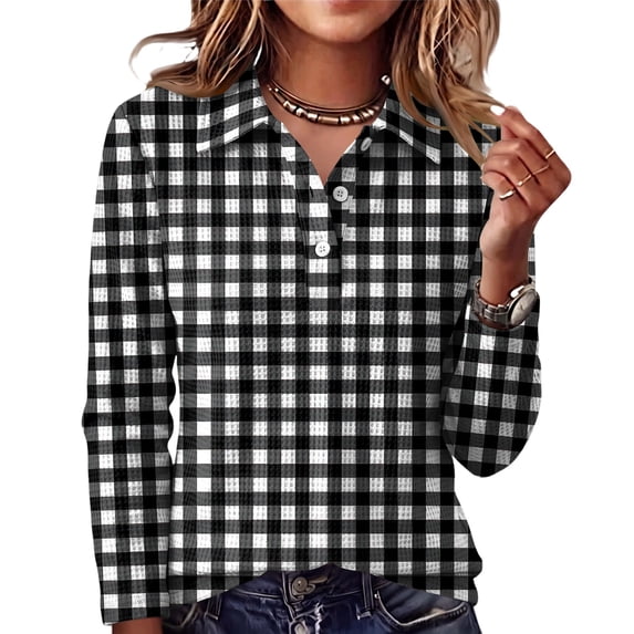 Hearthz Plaid Waffle Knit Polo Shirt for Women Gingham Print Women Henley Shirts Button V‑neck Long Sleeves Shirts for Women Relaxed Fit Office Daily Womens Shirts