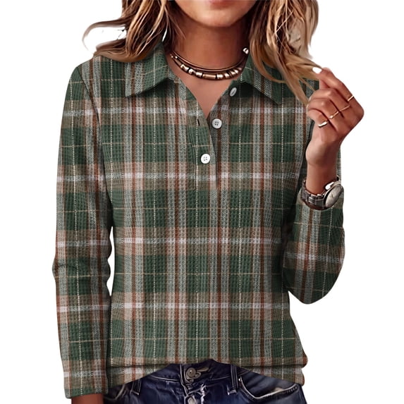 Hearthz Plaid Waffle Knit Women's Polo Shirt Gingham Print Womens Henley Shirts Button V‑neck Long Sleeve Shirts Women Relaxed Fit Office Daily Womens Shirts