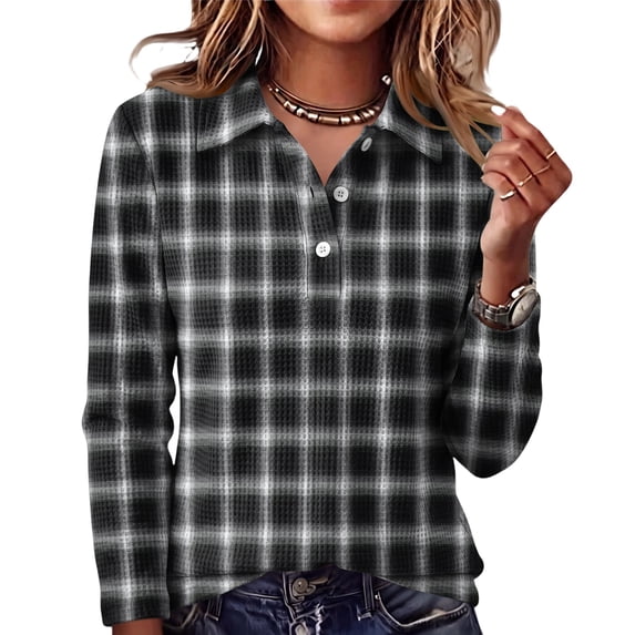 Hearthz Plaid Waffle Knit Womens Polo Shirts Gingham Print Henley Shirt Women Button V‑neck Women Long Sleeve Shirt Relaxed Fit Office Daily Oversized Tshirts for Women