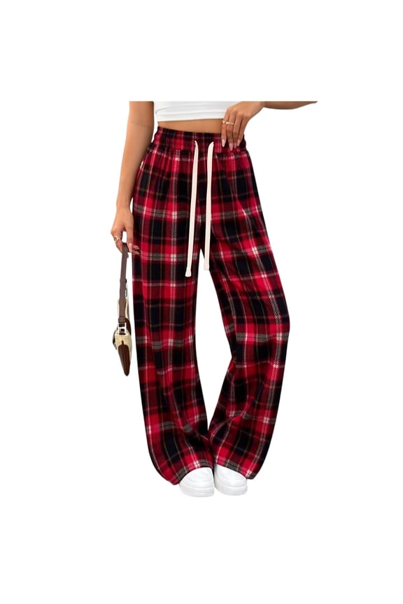 Plaid Wide Leg Pants Woman High Waist Spring Pants for Women Summer Beach Baggy Palazzo Pants for Women