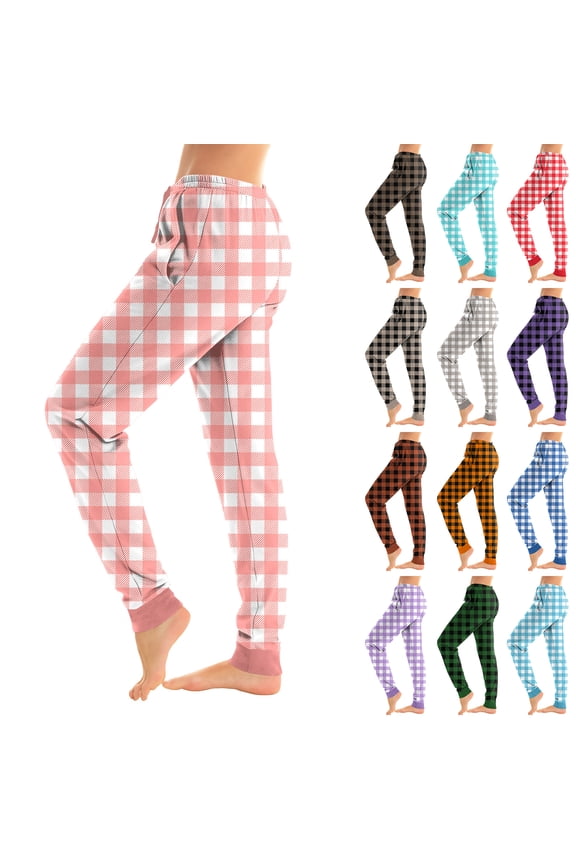 Plaid Women Pajama Pant Drawstring Elastic Cuffs Pajama Bottoms for Women Winter Soft Lightweight Sleep Pant with Pocket