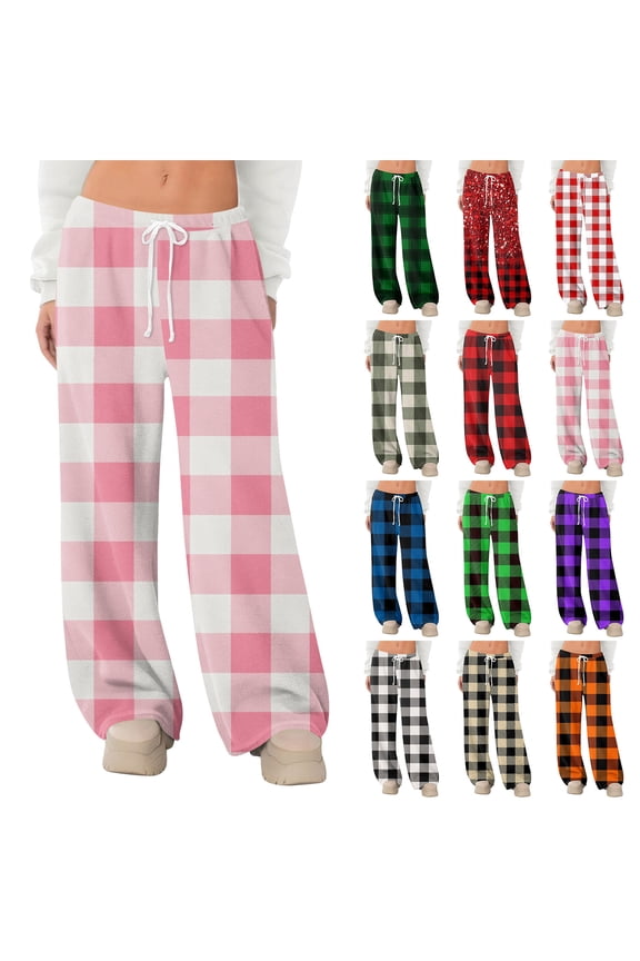 Plaid Women's Flannel Pajama Pants Fuzzy Winter Warm Thermal Pajama Bottoms for Women Wide Leg Drawstring Sleeping Pants Women