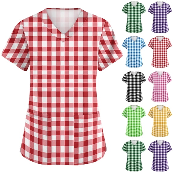 Hearthz Plaid Women's Scrub Tops V Neck Short Sleeve Women's Nurse Uniform with Pocket S-5XL Plus Size Womens Scrubs Tops