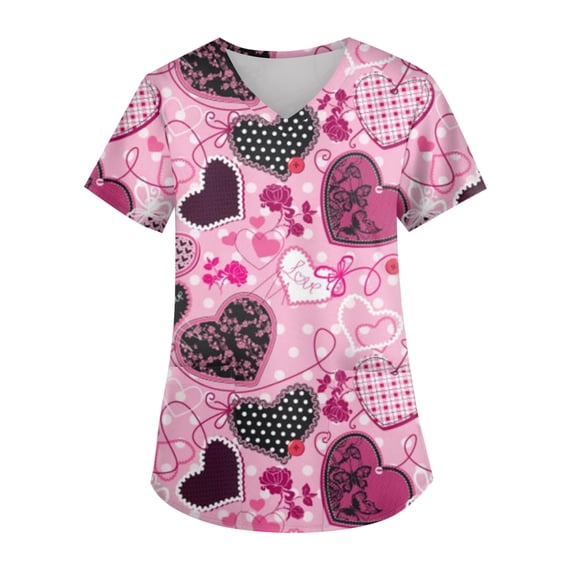 Hearthz Plus Size Valentine Scrub Tops Women Love Heart Pattern V Neck Short Sleeve Nurse Uniform Stretch Womens Work Clothes with Pockets S-5xl