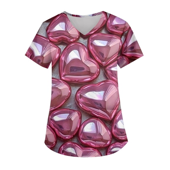 Hearthz Plus Size Valentines Day Scrub Tops Women Love Print V Neck Short Sleeve Nursing Work Uniforms Stretch Womens Tops Work with Pockets S-5xl