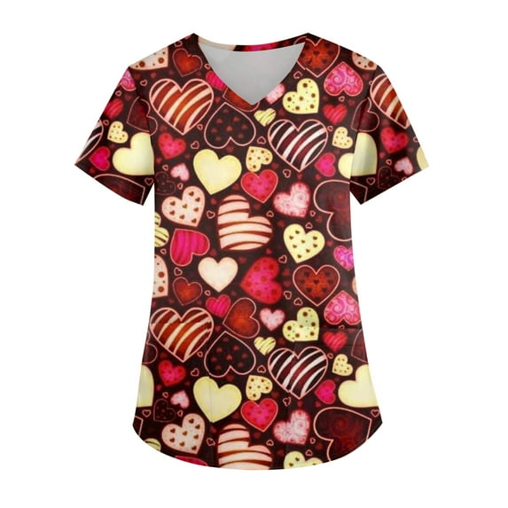 Hearthz Plus Size Valentines Day Scrubs for Women Love Heart Pattern V Neck Short Sleeve Nurse Uniform Stretch Women Workwear with Pockets S-5xl