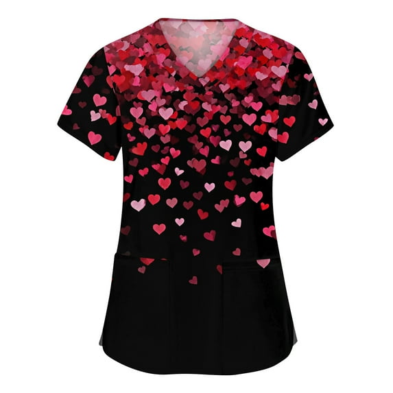 Hearthz Plus Size Valentines Day Scrubs for Women Love Heart Print V Neck Short Sleeve Nurse Uniforms Side Slit Womens Tops Work with Pockets S-5xl
