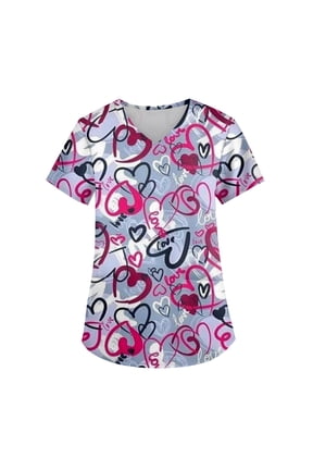 Plus Size Valentines Scrub Top Heart Print V Neck Short Sleeve Nurse Uniform Stretch Womens Work Clothes with Pockets S-5xl