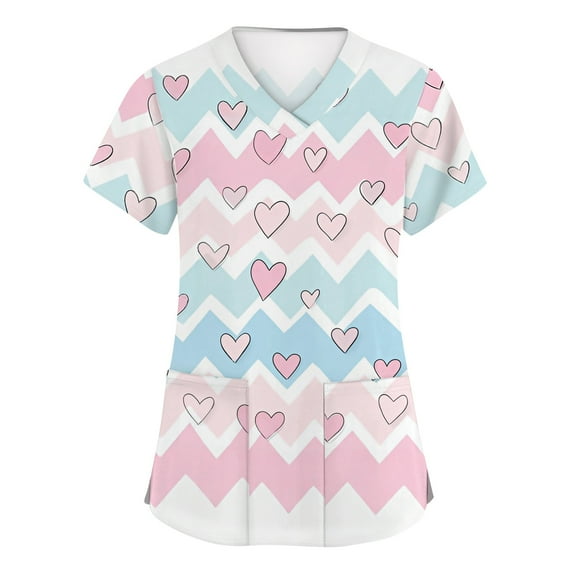 Hearthz Plus Size Valentines Scrub Tops Women Heart Printed V Neck Short Sleeve Nurse Uniforms Side Slit Workwear Tops for Women with Pockets S-5xl
