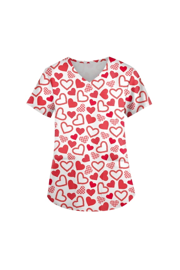 Plus Size Valentines Scrub Tops Women Heart Printed V Neck Short Sleeve Nursing Uniforms for Women Stretch Workwear Women with Pockets S-5xl