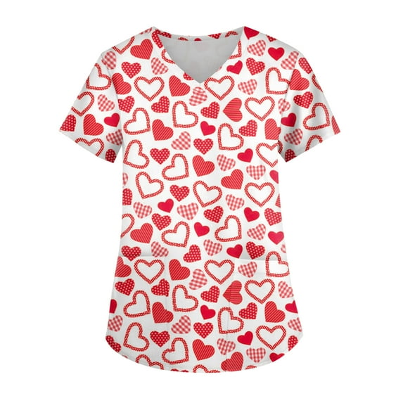 Hearthz Plus Size Valentines Scrub Tops Women Heart Printed V Neck Short Sleeve Nursing Uniforms for Women Stretch Workwear Women with Pockets S-5xl