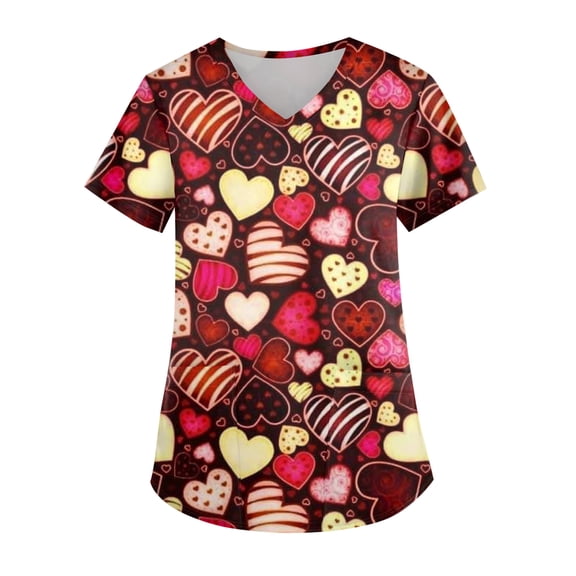 Hearthz Plus Size Valentines Scrub Tops Women Love Heart Print V Neck Short Sleeve Nursing Uniforms Stretch Workwear Tops for Women with Pockets S-5xl