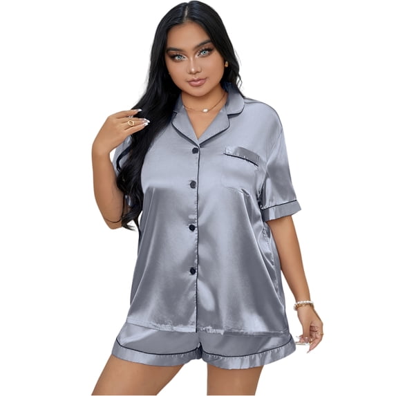 Hearthz Plus Size Womens Silk Satin Pajamas Short Sleeve Loungewear Two-Piece Sleepwear Button-Down Pj Set Light Gray,XXL