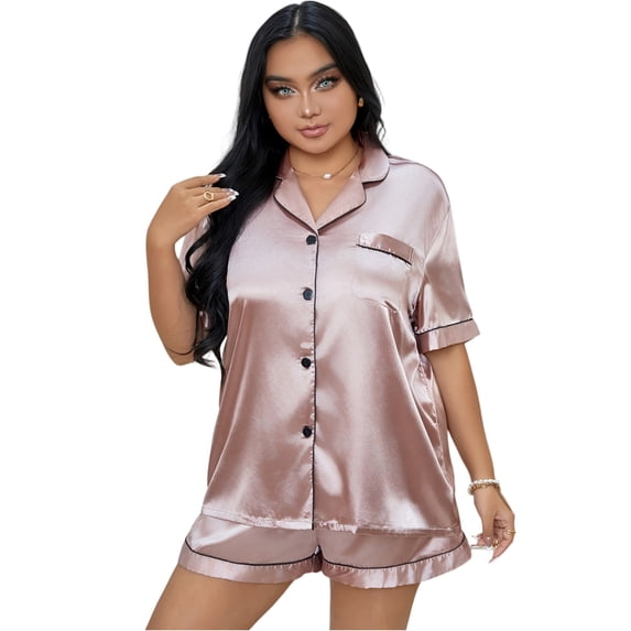 Hearthz Plus Size Womens Silk Satin Pajamas Short Sleeve Loungewear Two-Piece Sleepwear Button-Down Pj Set Pink,XL