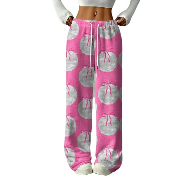 Hearthz Plush Pajama Pants Bow Soft Fuzzy Elastic Waist Wide Leg Sleep Pants with Pockets Fall Winter Warm Pajama Bottoms