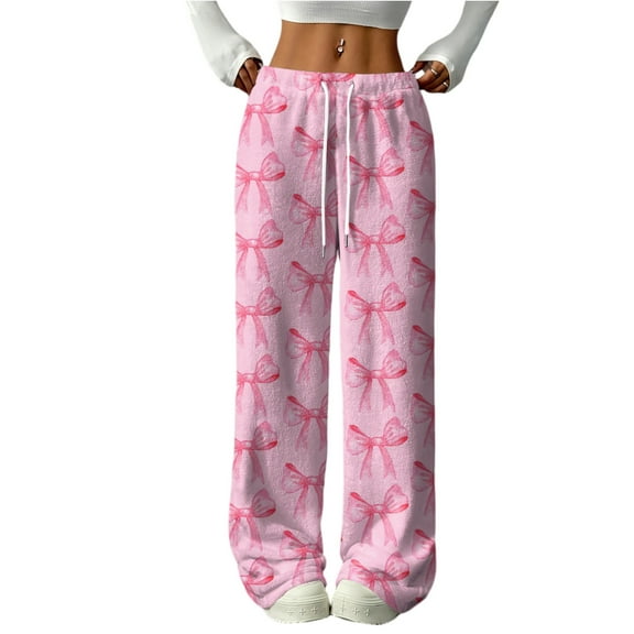 Hearthz Plush Pajama Pants Women Bow Fluffy Fuzzy Fleece Elastic Waist Wide Leg Sleep Pants with Pockets Fall Winter Warm Pajama Bottoms Women