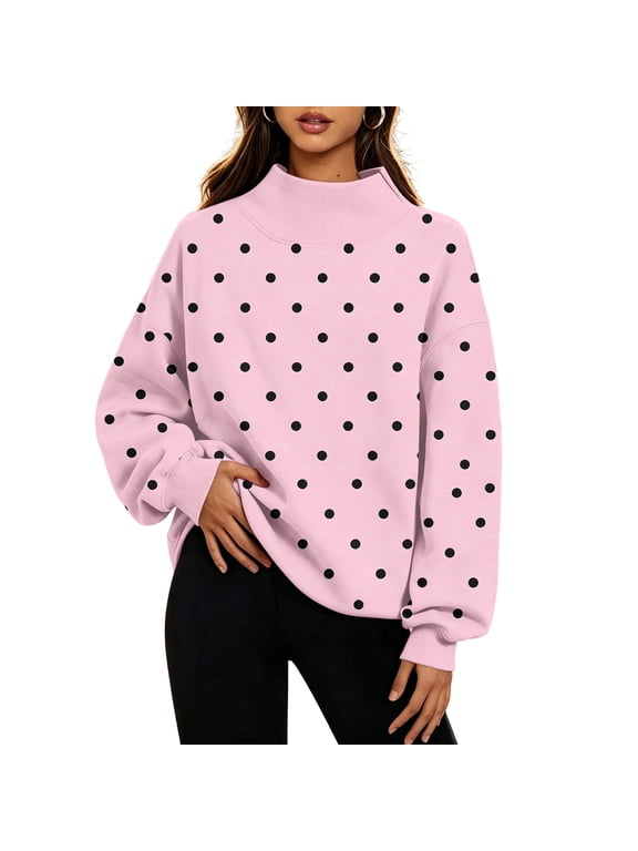 Polka Dot Sweatshirts for Women Mock Neck Thermal Womens Sweatshirt Oversized Drop Shoulder Long Sleeve Streetwear Y2k Fall Winter Womens Lightweight Sweater