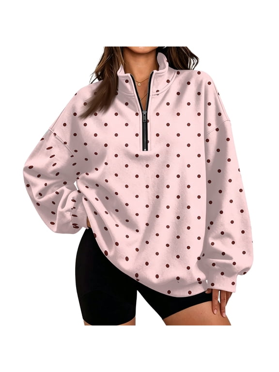Polka Dot Womens Half Zip Sweatshirt Stand Collar Raglan Long Sleeve Womens Pullover Sweatshirt Y2k Trendy Streetwear Oversized Pullover Sweatshirts for Women