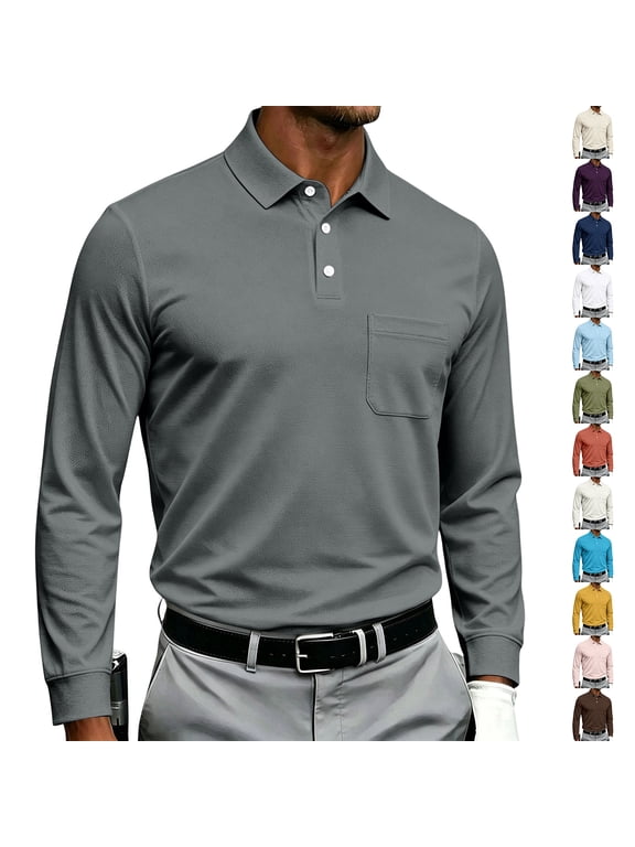 Polo T Shirts for Men 3 Button Placket Lapel Collar Mens Shirts Long Sleeve Business Casual Golf Polo Shirts for Men Athletic T Shirts with Pocket Black L