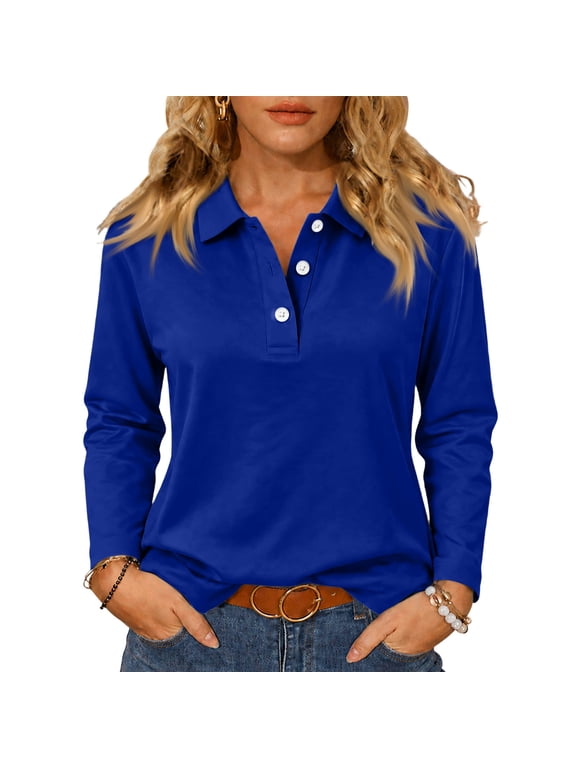 Polo Women Shirt Basic Lapel Collar Women Long Sleeve Shirt Fall Winter Solid Color Womens Golf Polo Tennis Activewear
