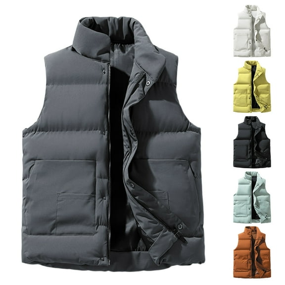 Hearthz Puffer Vest Men Fleece Sleeveless Stand Collar Men Jacket Full Zipper Winter Warm Vests for Men with Pocket