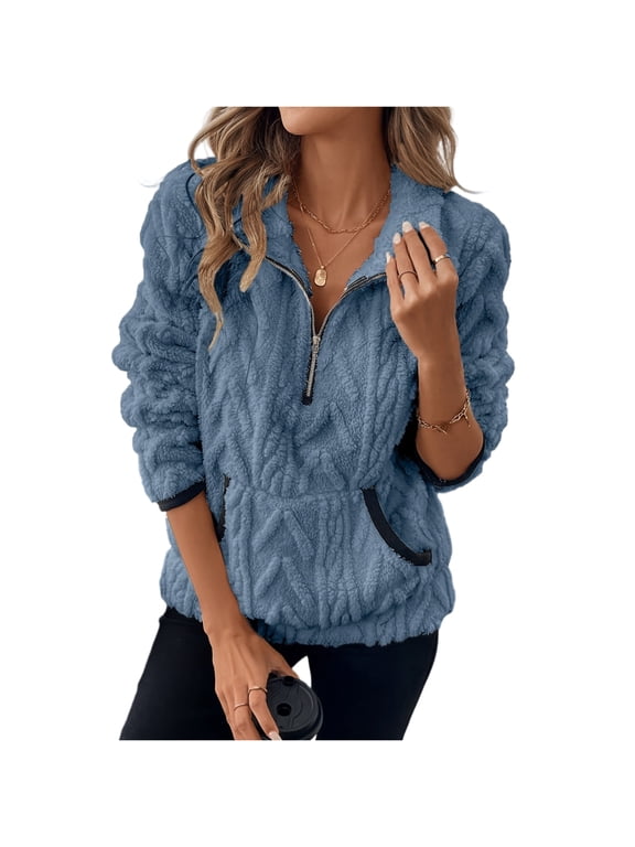Quarter Zip Fleece Winter Coats for Women Solid Textured Jacket for Women Long Sleeve Stand Collar Casual Outerwear with Pockets