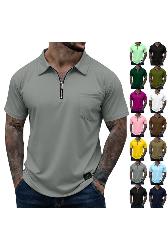 Quarter Zip Men's Polo Shirt Short Sleeve Shirt Men Collared Casual Work T Shirts Mint Green L